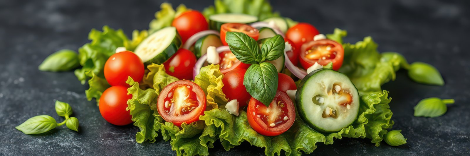 Fresh garden salad with vibrant tomatoes and cucumbers on a dark background